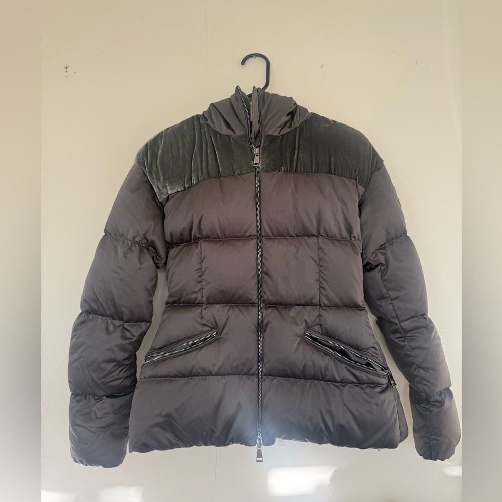 Silver grey Moncler puffer coat with velvet shoulders